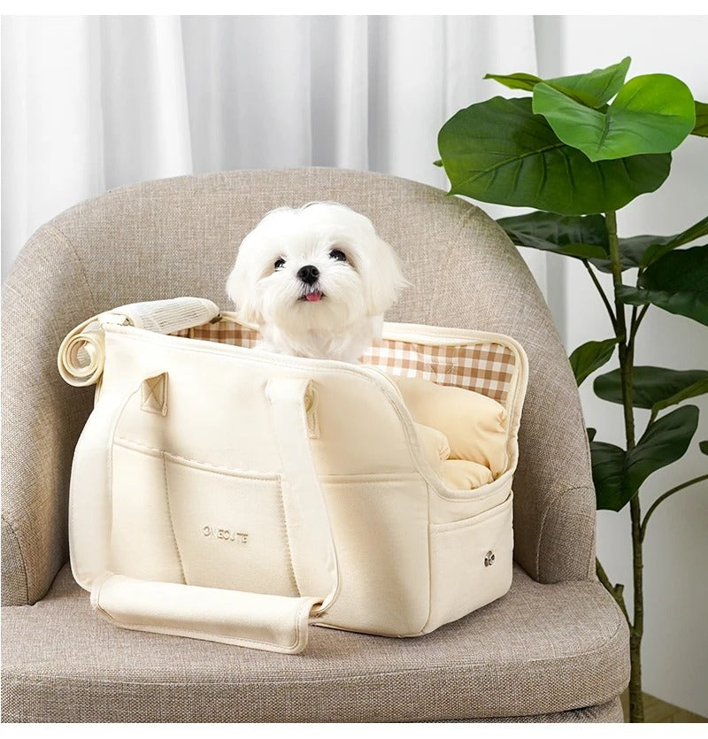 chien installé dans un sac de transport