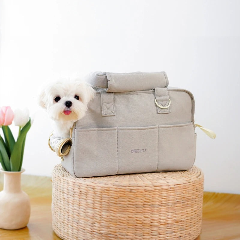 chien dans un sac de transport gris