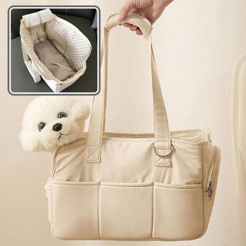intérieur d'un sac de transport pour chien beige