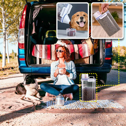 femme avec son chien en ballade qui pic-nique avec une boite a croquette pour chien