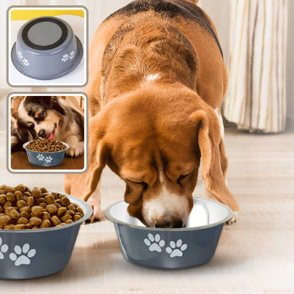 chien qui mange dans une gamelle en inox