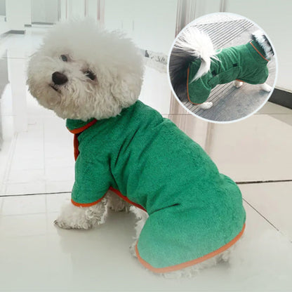 bichon dans un peignoir pour chien