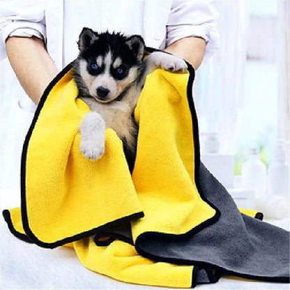 bébé chien dans une serviette de bain pour chien